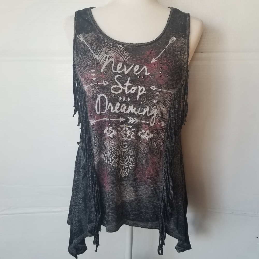 WRANGLER WOMENS "NEVER STOP DREAMING" FRINGE-ACCENT TANK TOP